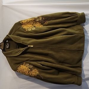 BOB MACKIE Womens Size 1X Wearable Art Green Fleece Embroidered Zip Front Jacket
